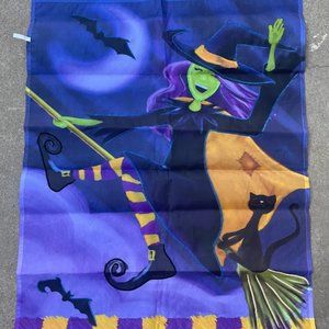 - Happy Witch on Broom Black Cat Bats Halloween Embroidered Yard Flag Prem…
